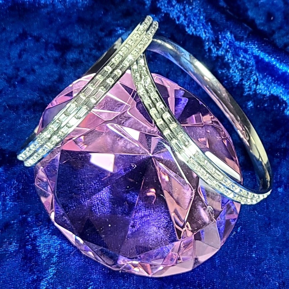 2 Bangles with Crystal Baguette Stones - Stainless Steel